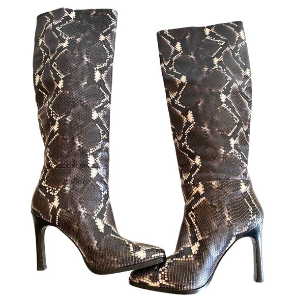 Sigerson Morrison Python Embossed Knee-High Leather Boots 40 Black Brown Snake - Picture 3 of 14